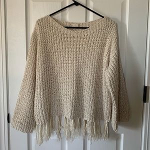 Knit Sweater with Tassel Details - Cream
